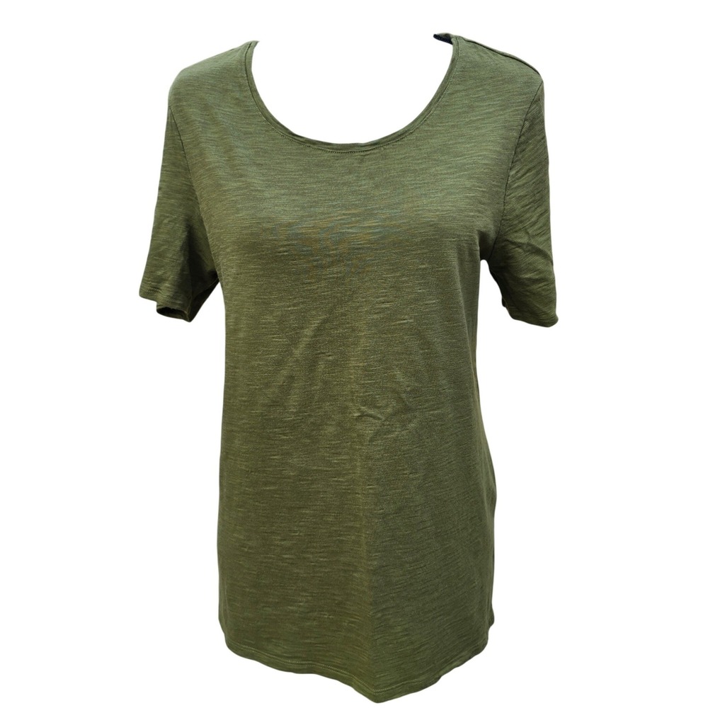 Chicos 37R The Ultimate Tee Olive Green Slub Knit Button Back Top‎ Size 1 / M